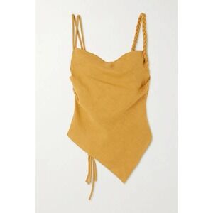 NANUSHKA Stina Asymmetric Linen Top Camel Mustard Scarf Top Braided Strap S